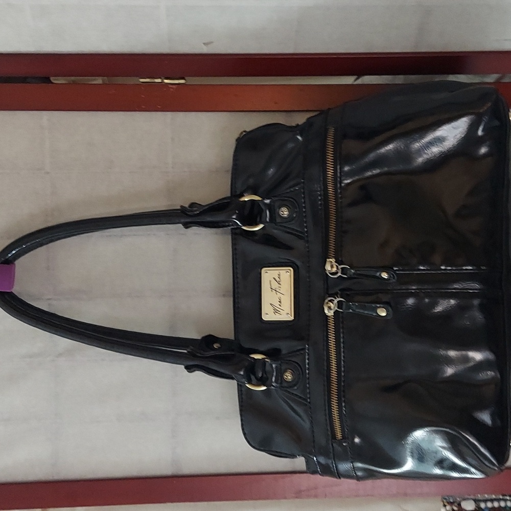 Marc Fisher Women's Black Faux Patent Zip Leather Hobo Bag Purse
